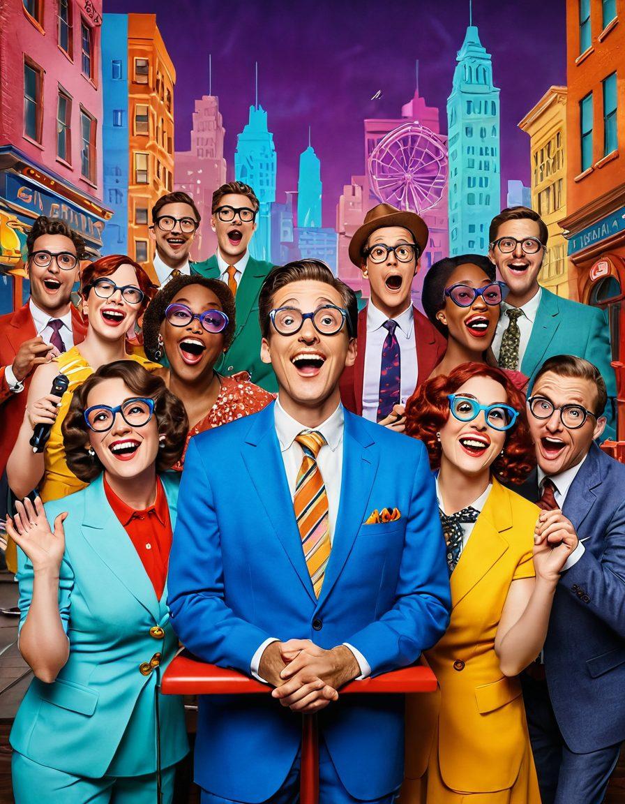 An imaginative scene featuring a diverse group of comedians on a colorful stage, surrounded by laughter and applause, with a blend of classic props like a vintage microphone and whimsical oversized glasses. The backdrop should be a vibrant cityscape, symbolizing timeless humor in everyday life. Bright, playful colors should dominate the scene, evoking a sense of joy and creativity. cartoon style. vibrant colors. 3D.