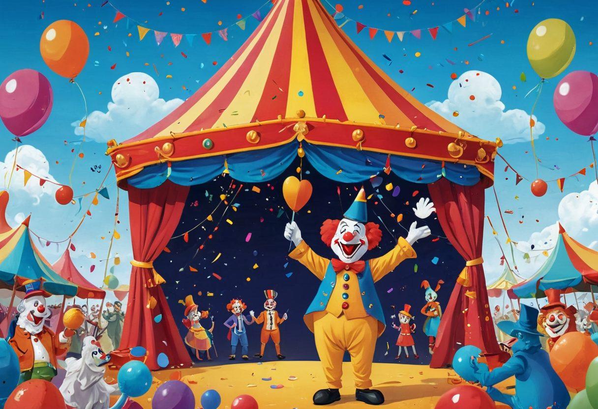 A whimsical scene featuring a colorful circus tent filled with quirky, cartoonish characters laughing heartily. Show a jester juggling oversized, comical objects and a clown with a giant rubber chicken. Bright confetti rains down, enhancing the festive atmosphere. The background should be a cheerful landscape with blue skies and fluffy clouds, evoking a sense of joy and humor. vibrant colors. cartoon style.