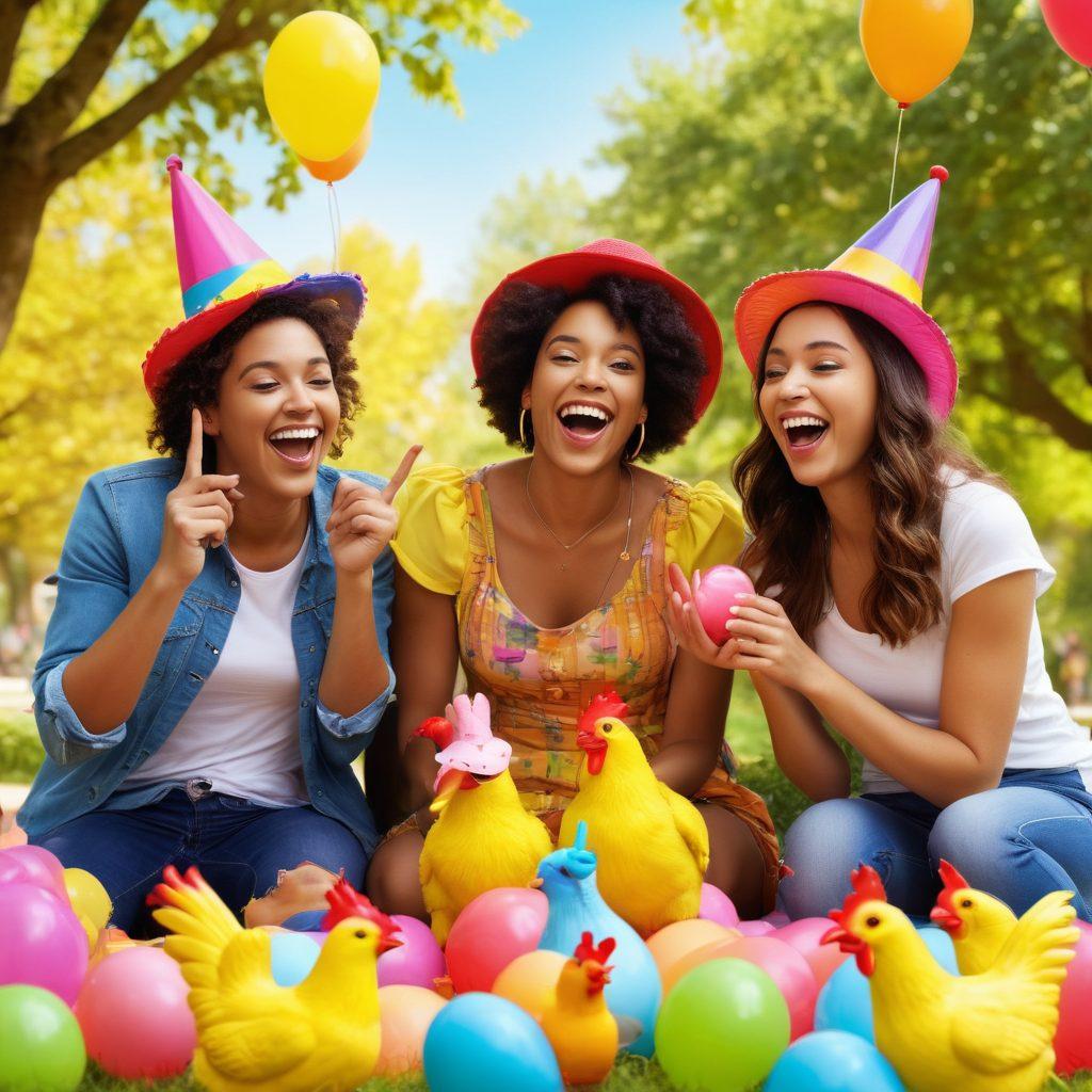 A cheerful scene featuring a group of diverse friends sharing laughter while playing pranks on each other. Include colorful party decorations and humorous props such as rubber chickens, whoopee cushions, and silly hats. The background should be a vibrant park during a sunny day, emphasizing happiness and fun. super-realistic. vibrant colors. cheerful atmosphere.